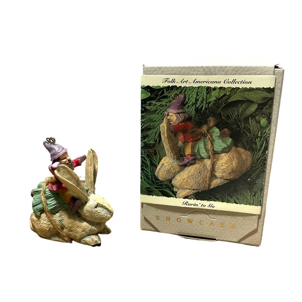 Hallmark Folk Art Americana Collection Rarin to Go Rabbit Ornament